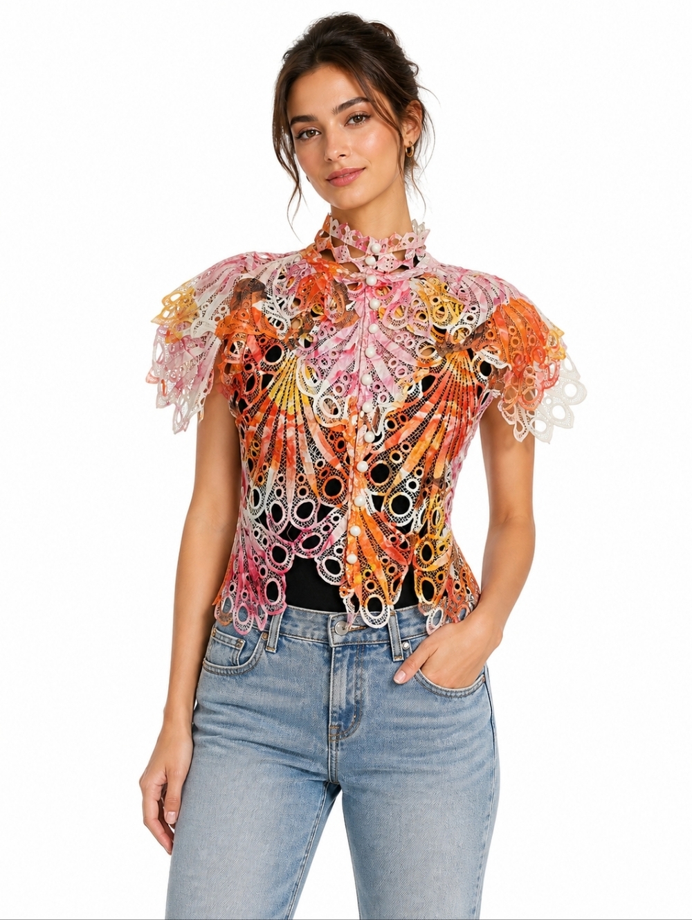 Lace Overlay Blouse with Ruffled Collar - Pink Orange Yellow